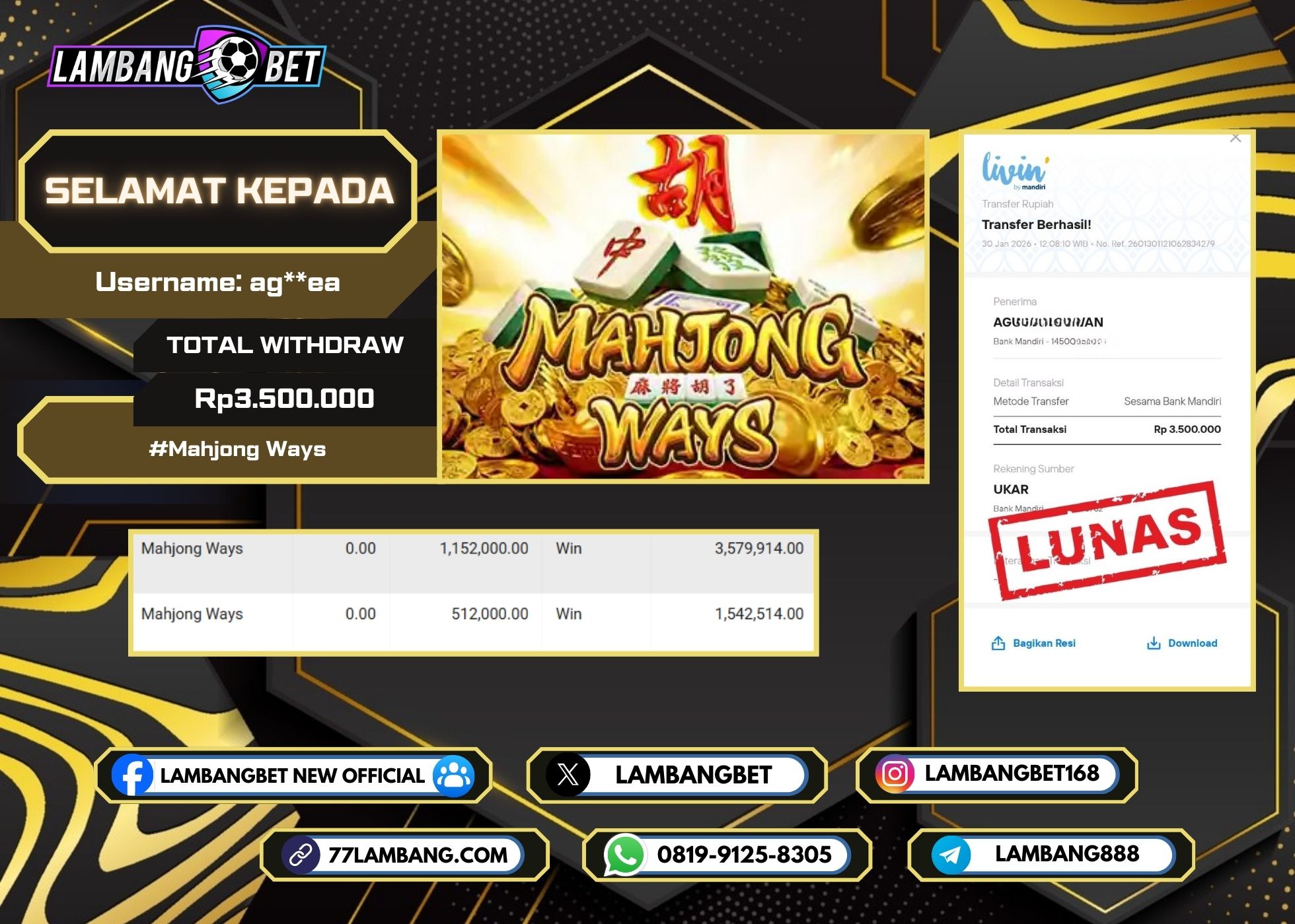LAMBANGBET [30 JANUARI 2026] JACKPOT SLOT Mahjong Ways "Rp3.500.000" LUNAS